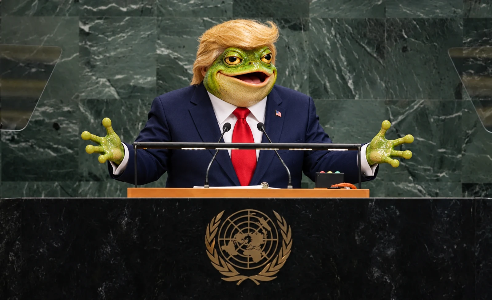 Frump speaking with open frog hands at the United Nations-style marble podium