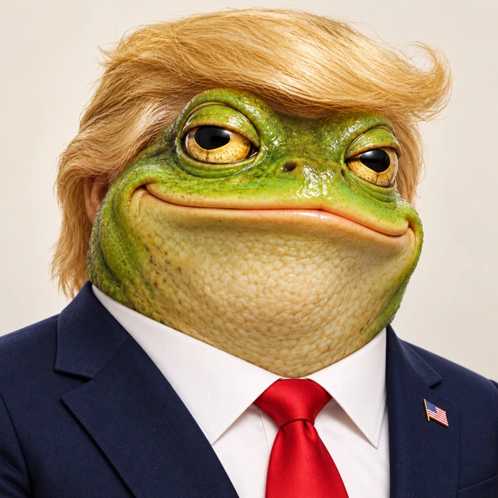Frump, a green frog with swept blond hair, navy presidential suit and red tie